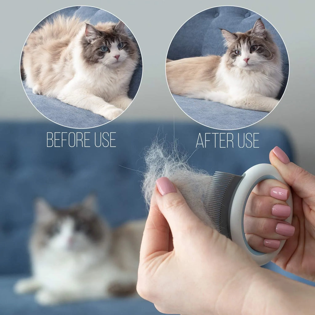 Blue pet deshedding comb with soft teeth and ergonomic plastic handle for cats and dogs.
