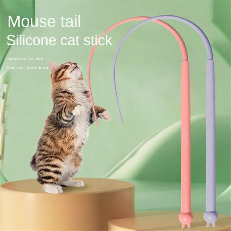 Simulated mouse tail cat teaser stick with 80cm silicone tail and cat head design