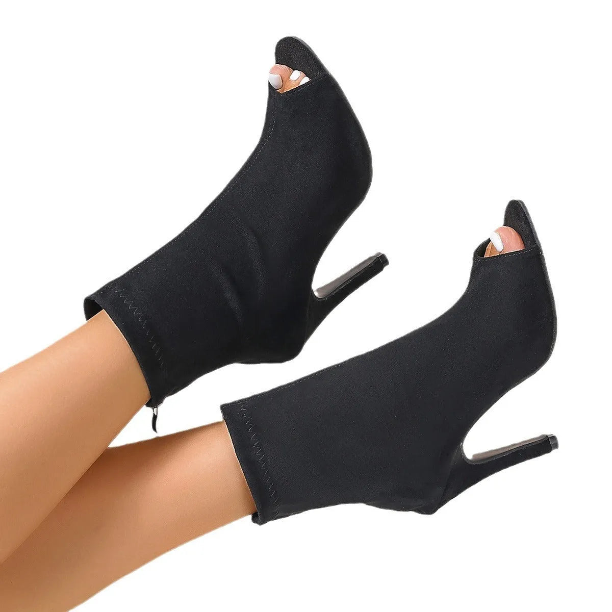 Women's black PU chunky heel peep toe Martin boots with buckle fastening, side view