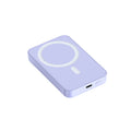 Pink, purple, and white magnetic wireless power bank showing 20000mAh capacity and dimensions.