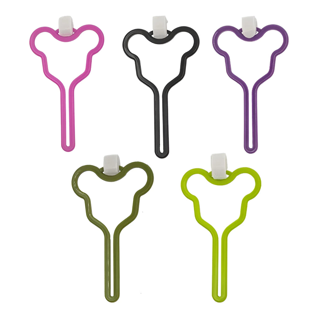 A hands-free dog poop bag holder with a clip and adjustable Velcro strap, shown in a random colour.