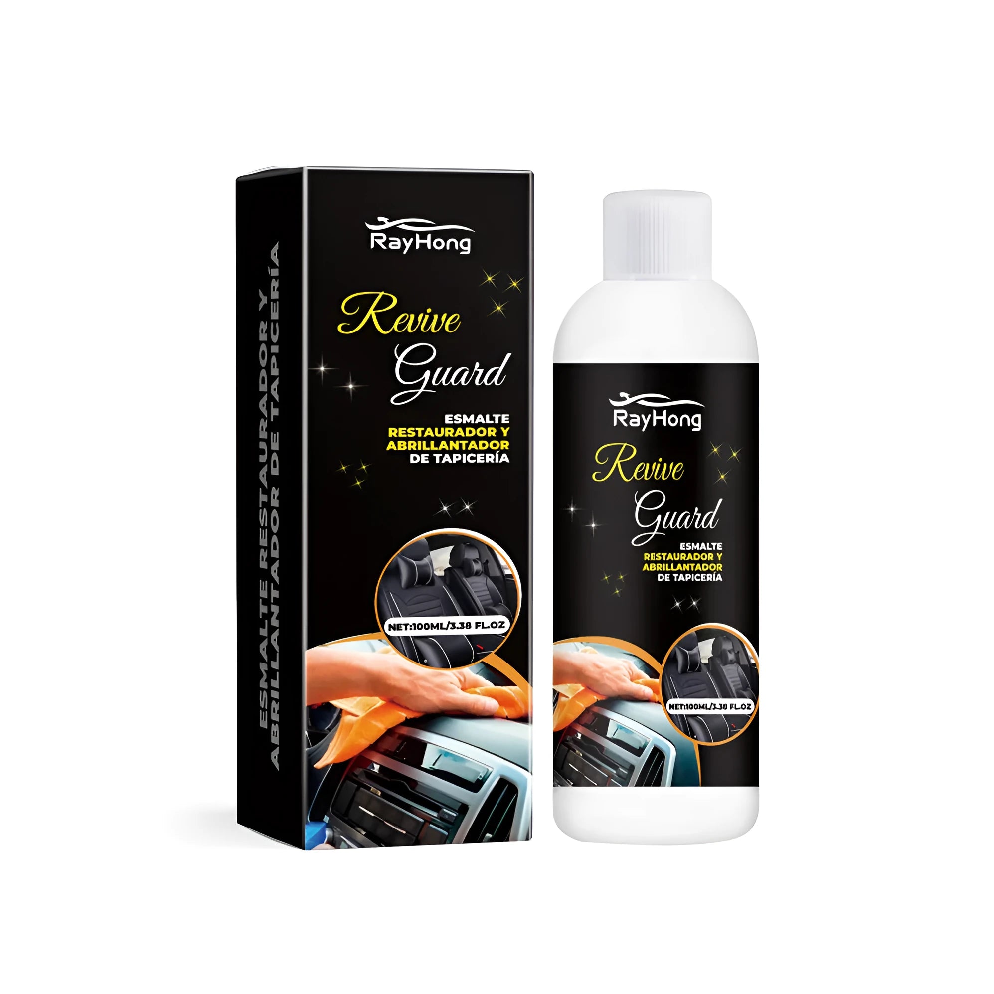 Compact 3.8cm by 12.3cm bottle of car interior polish for cleaning vinyl, leather, and plastic surfaces.