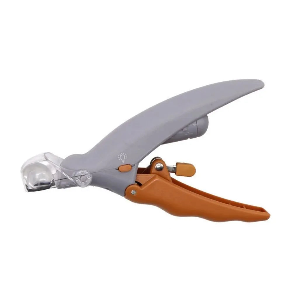 Yellow pet nail clipper with LED light and magnifying lens for dogs and cats