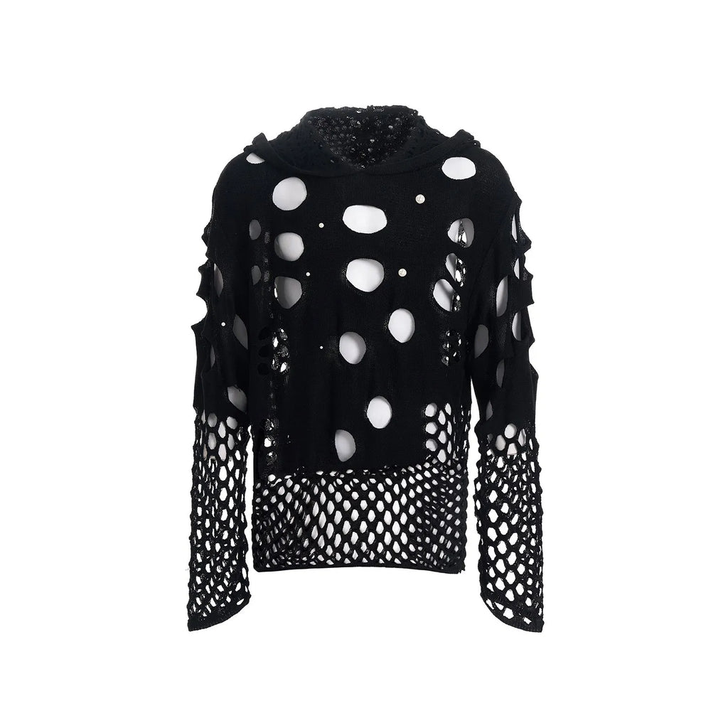 Men's black hoodie with pearl decoration and hooded collar in loose fit for spring