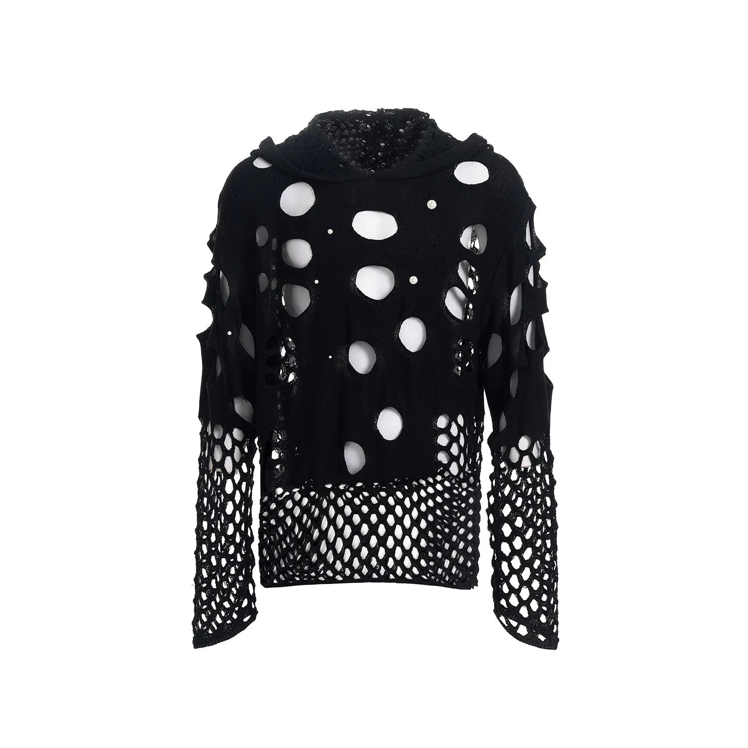 Men's black hoodie with pearl decoration and hooded collar in loose fit for spring