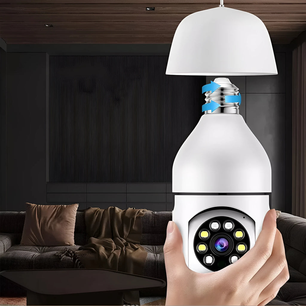 White A6 light bulb style surveillance camera with 8GB memory card for indoor and outdoor use