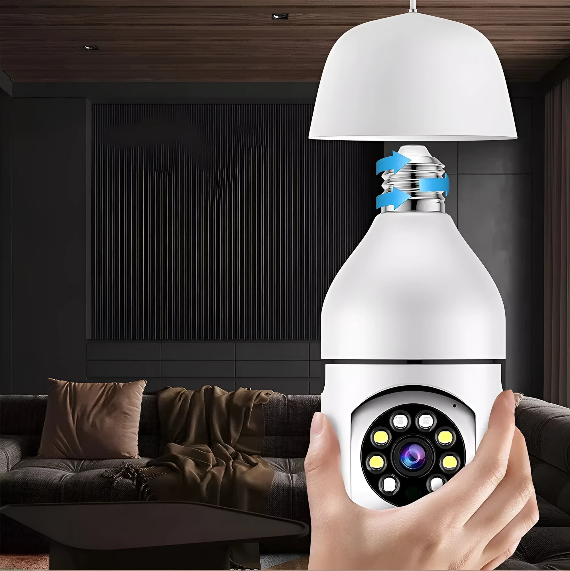 White A6 light bulb style surveillance camera with 8GB memory card for indoor and outdoor use