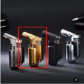 HB805-1 full metal windproof lighter in black, gold, grey, or silver, showing straight punch mechanism.