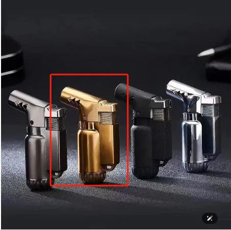 HB805-1 full metal windproof lighter in black, gold, grey, or silver, showing straight punch mechanism.