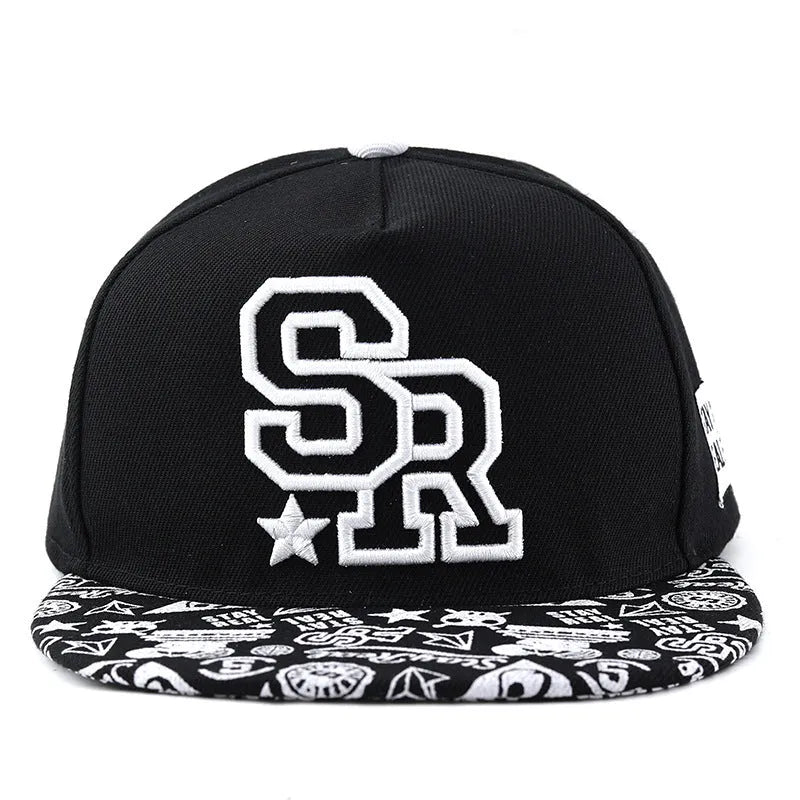 Black cotton baseball cap with white embroidered lettering on the front, showing adjustable back strap.
