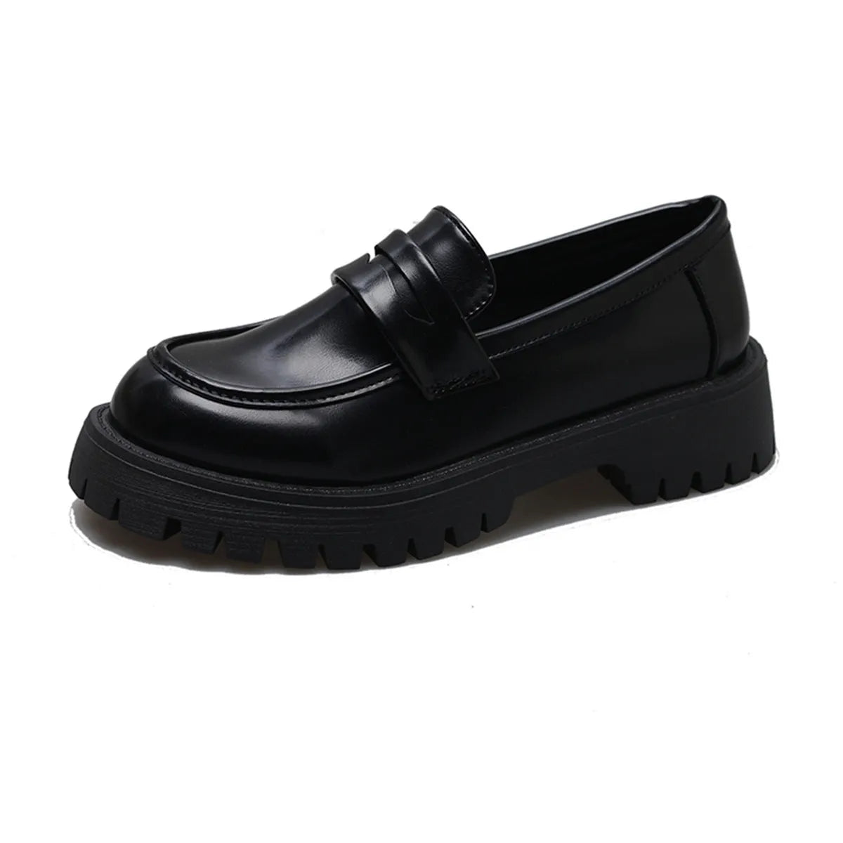 Chunky heel platform British style leather shoes for women in black, low heel, round toe