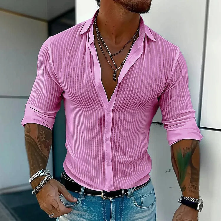 Men's striped British style cardigan shirt with long sleeves in polyester blend fabric