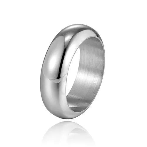 A glossy electroplated titanium steel ring in a gold colour, shown on a finger.