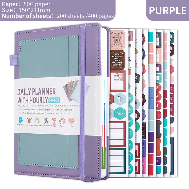 Undated notebook with PU cover in various colours, open to show 80g wood-free paper and thread binding.