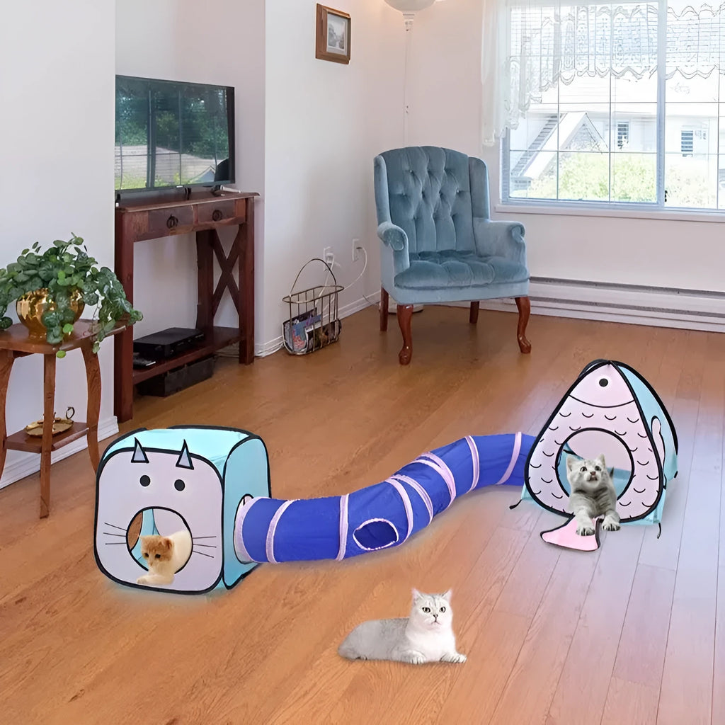 Foldable cat tent and tunnel play set with cat and fish print.