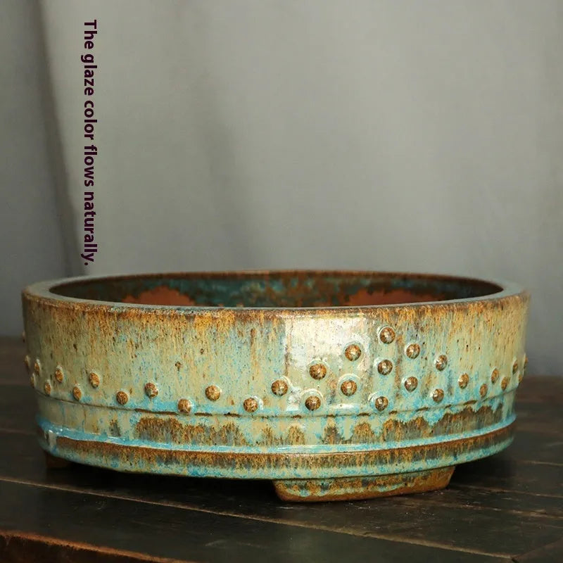 Handmade purple sand ceramic round drum flower pot with high-temperature firewood glaze in nail compound colour for indoor plants