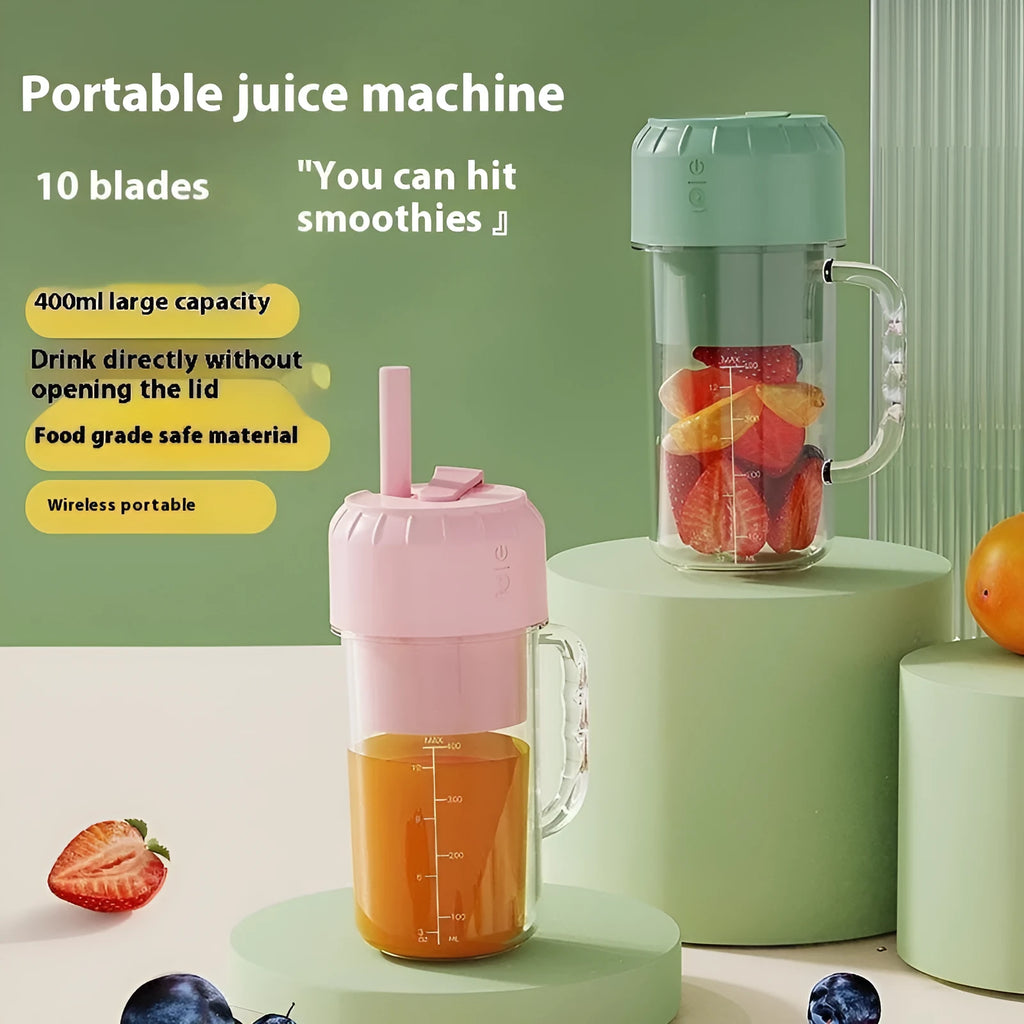 Portable USB charging personal juicer in cherry blossom pink or avocado green colour on a table.