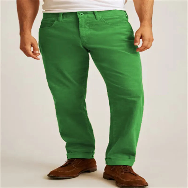Corduroy straight leg casual trousers in army green colour showing loose fit and mid waist design