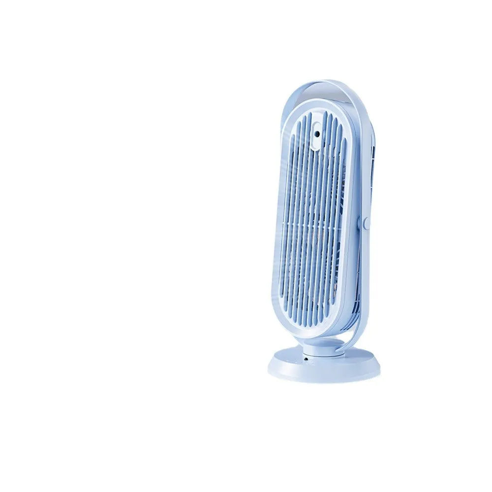 White USB tower fan with remote control on a wooden desk