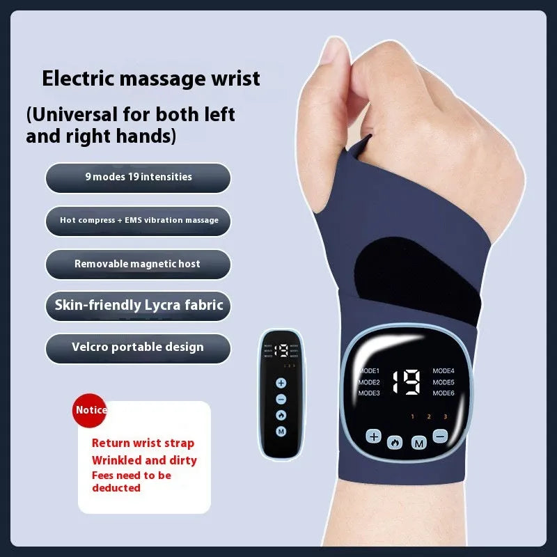 Adjustable wireless hand massage instrument with coloured Lycra wristbands on a table.
