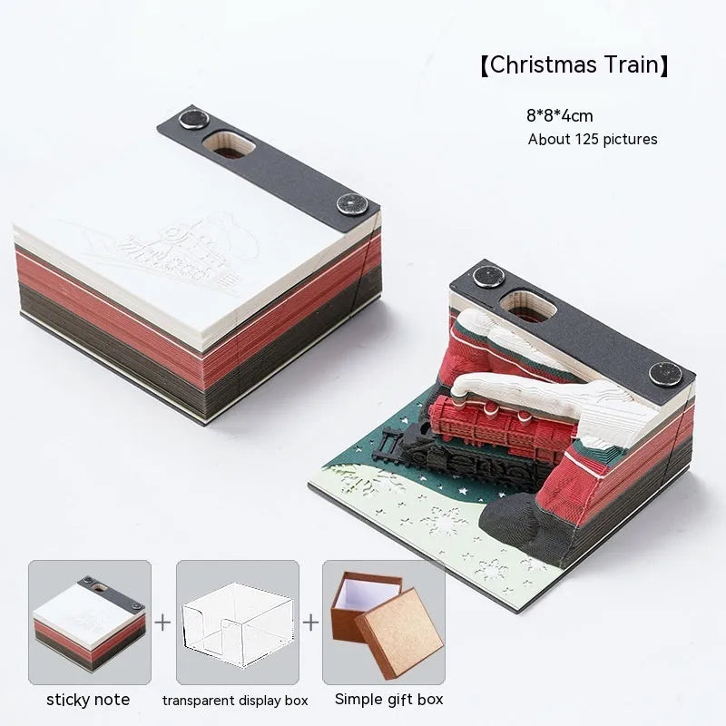 3D sticky notes with Christmas train design and Qingshui Temple inspired paper carving