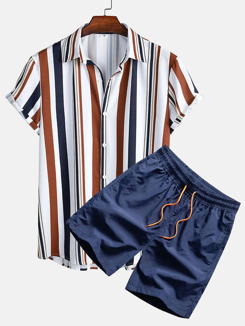 Man wearing a grey digital print short sleeve cardigan and matching shorts from a casual lounge suit set.