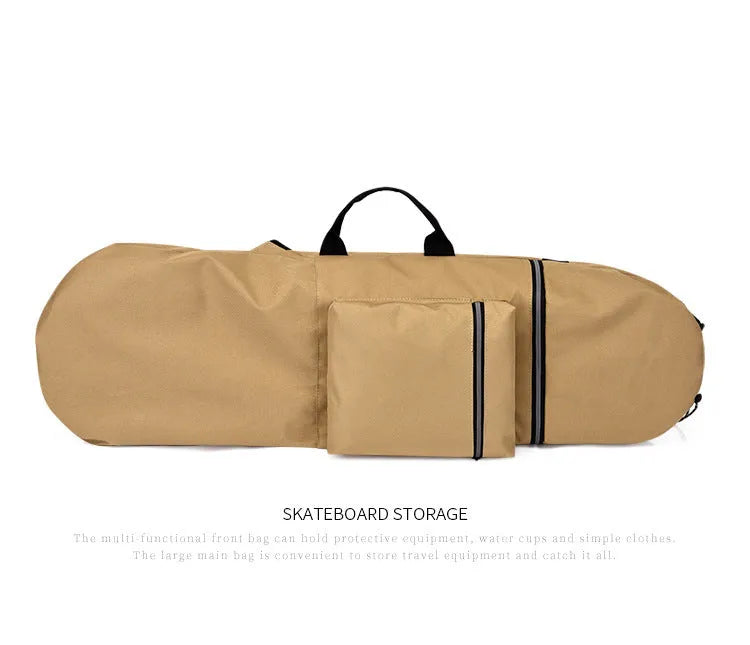 Lightweight waterproof nylon skateboard bag in camouflage colour, shown with longboard and fishing rod.