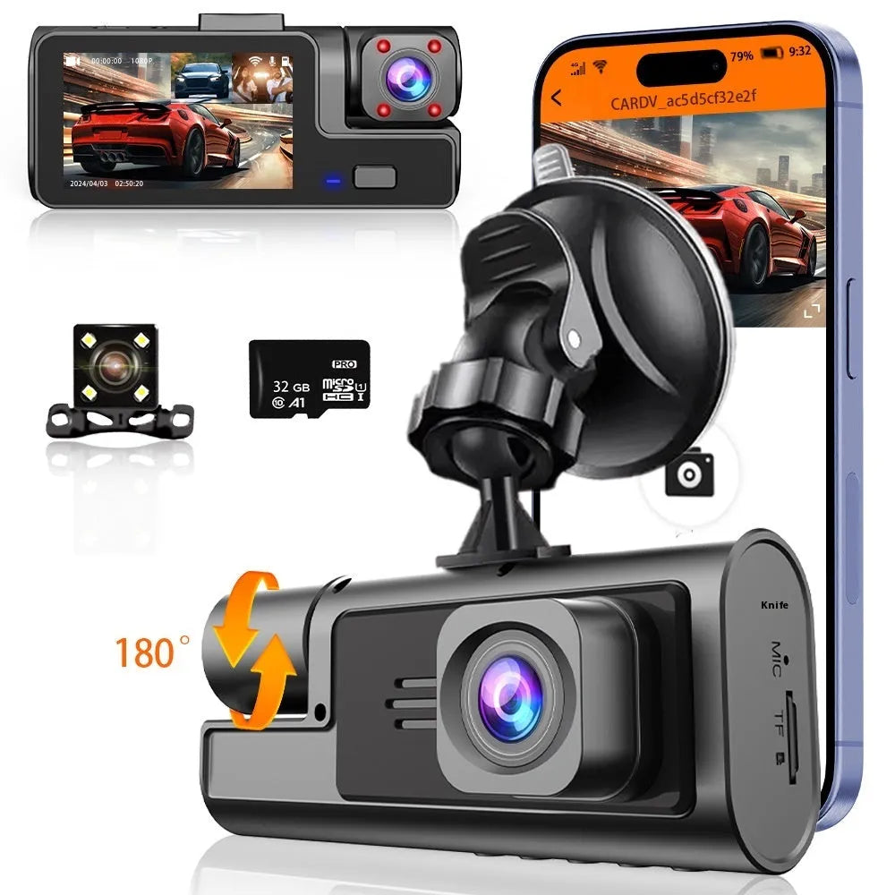 Black Wi-Fi dash cam with 2-inch screen, front lens, and separate rear camera for car reversing.