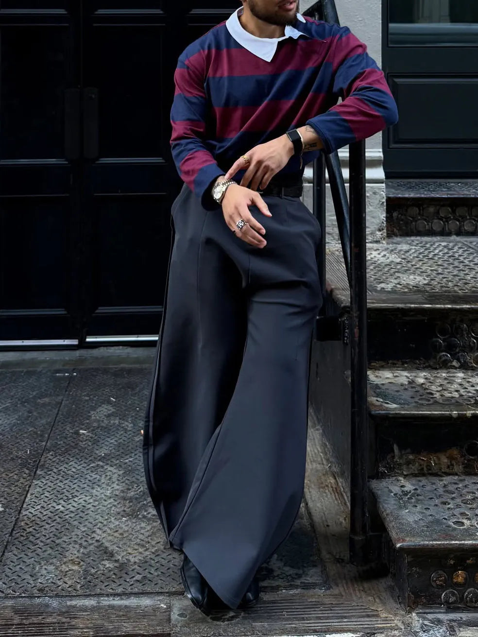 Grey scimitar wide-leg casual polyester pants for women, full-length regular fit