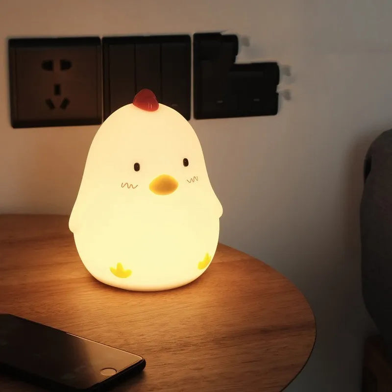 White early sleeping chicken shaped soft silicone touch night light with USB cable, 128x124x154mm size