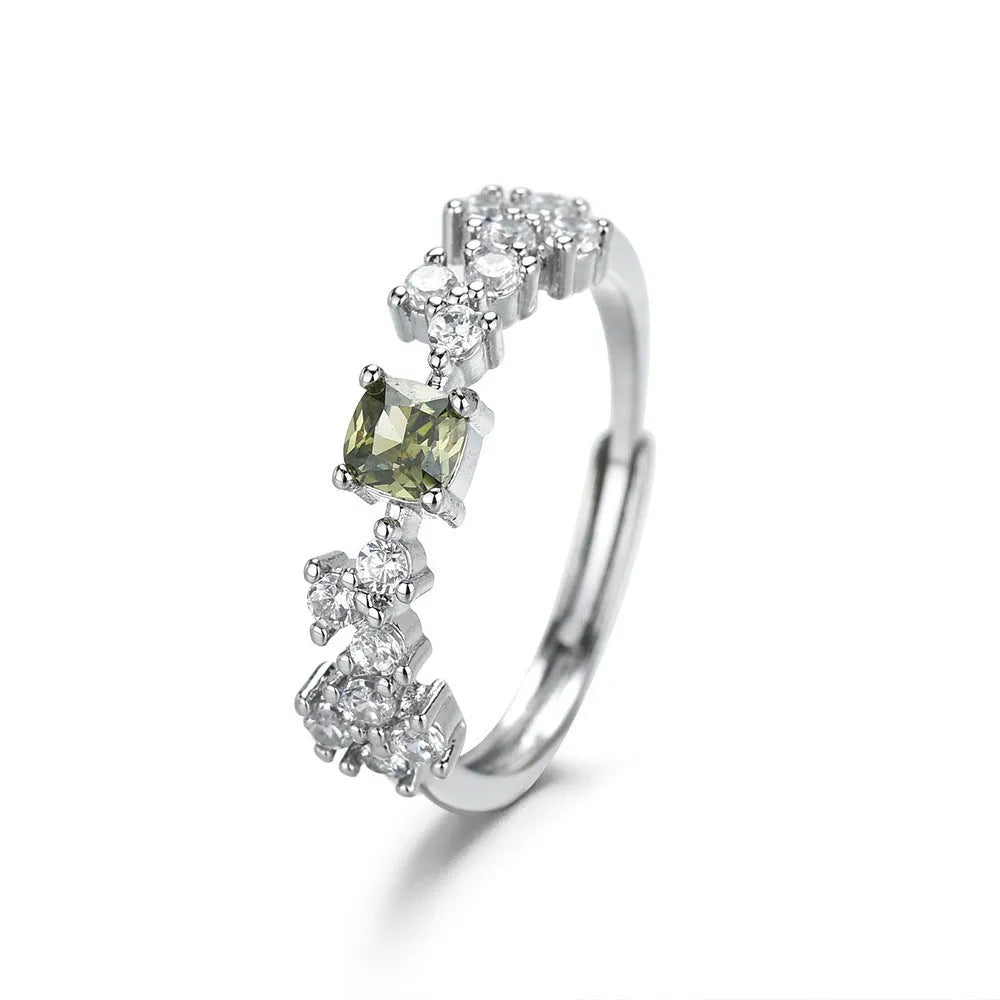 Adjustable copper crown ring with square olive green zircon stone and white gold tone electroplated finish