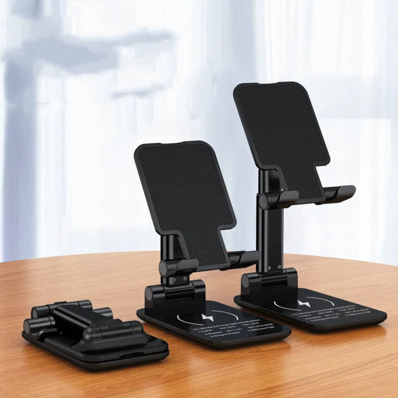 Cool black desktop phone stand with integrated wireless charging pad on an electroplated metal rod.