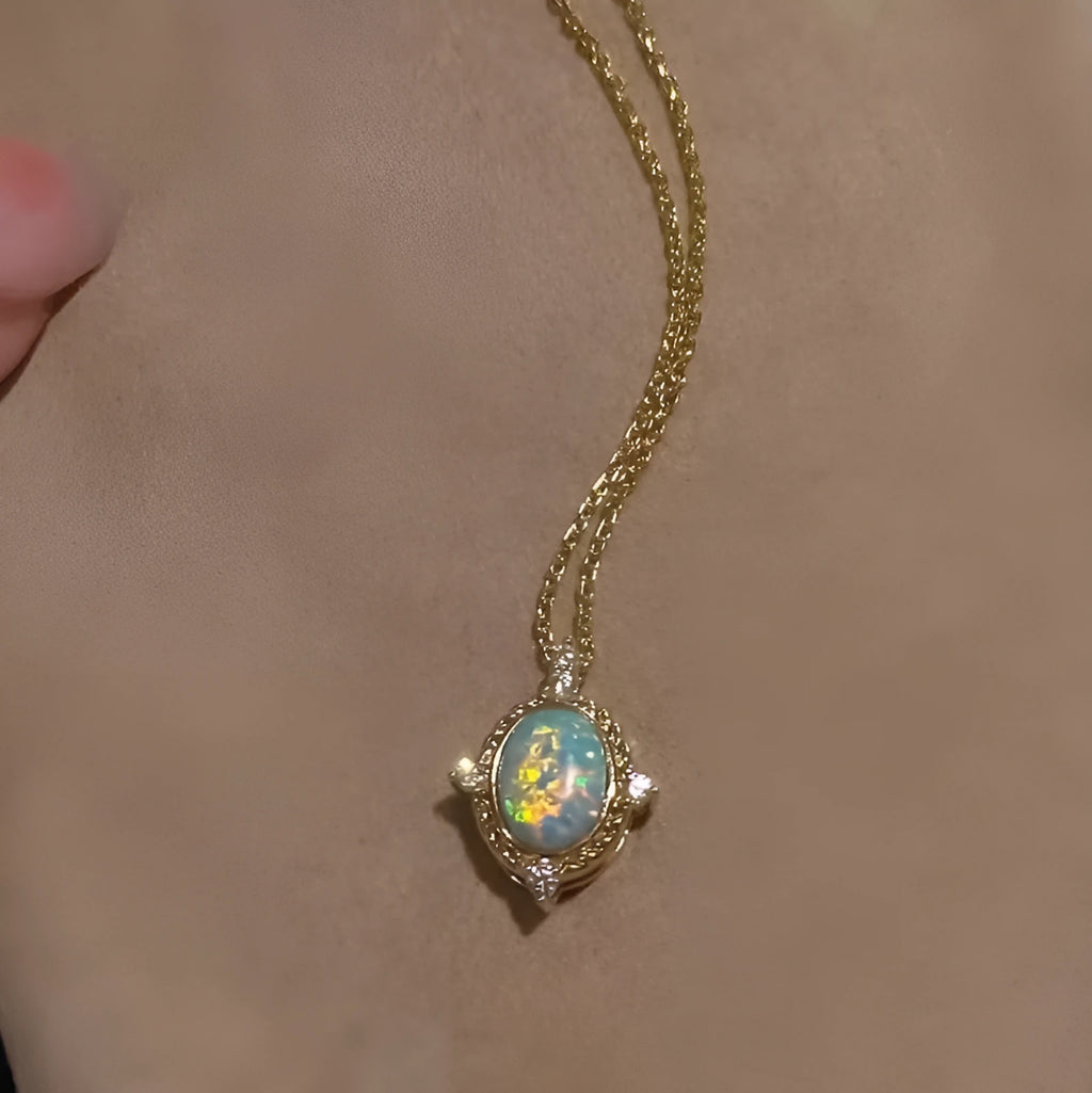925 silver oval opal necklace pendant with electroplated finish on regular chain