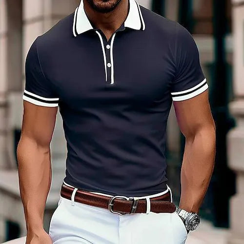 Men's thin breathable lapel button pullover T-shirt loose fit polyester blend casual top dark blue front view