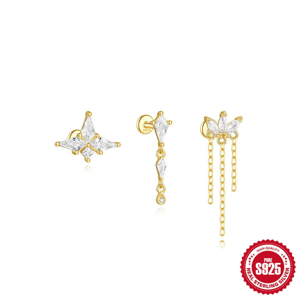 S925 sterling silver geometric kite earrings with rhinestones and a dangling chain tassel in a gold tone finish.