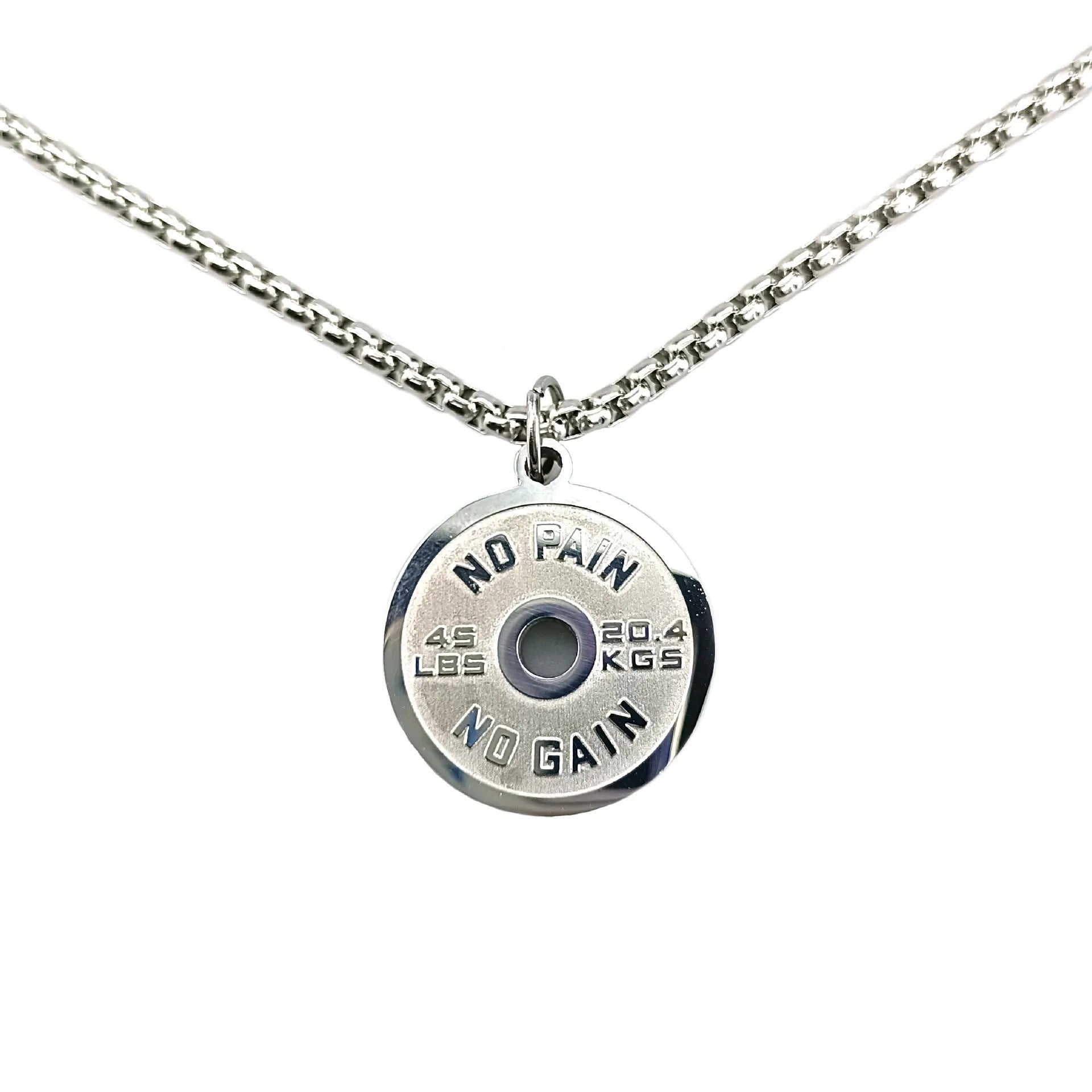 Stainless steel barbell disk pendant necklace with geometric sports design on 60cm chain