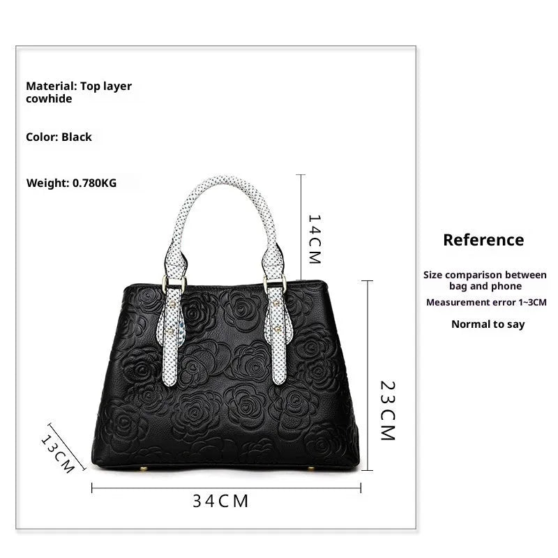 Black genuine leather handbag with embossed finish, horizontal square shape, large capacity, first layer cowhide