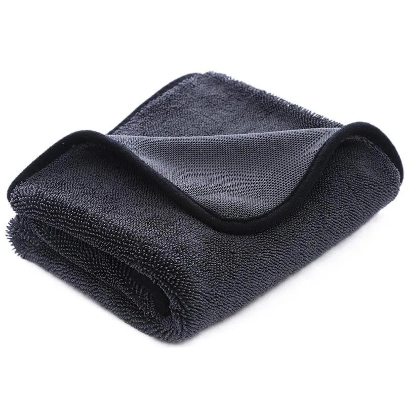 Grey twisted braid microfiber car cleaning towel with a red edge, shown in various sizes for automotive detailing.