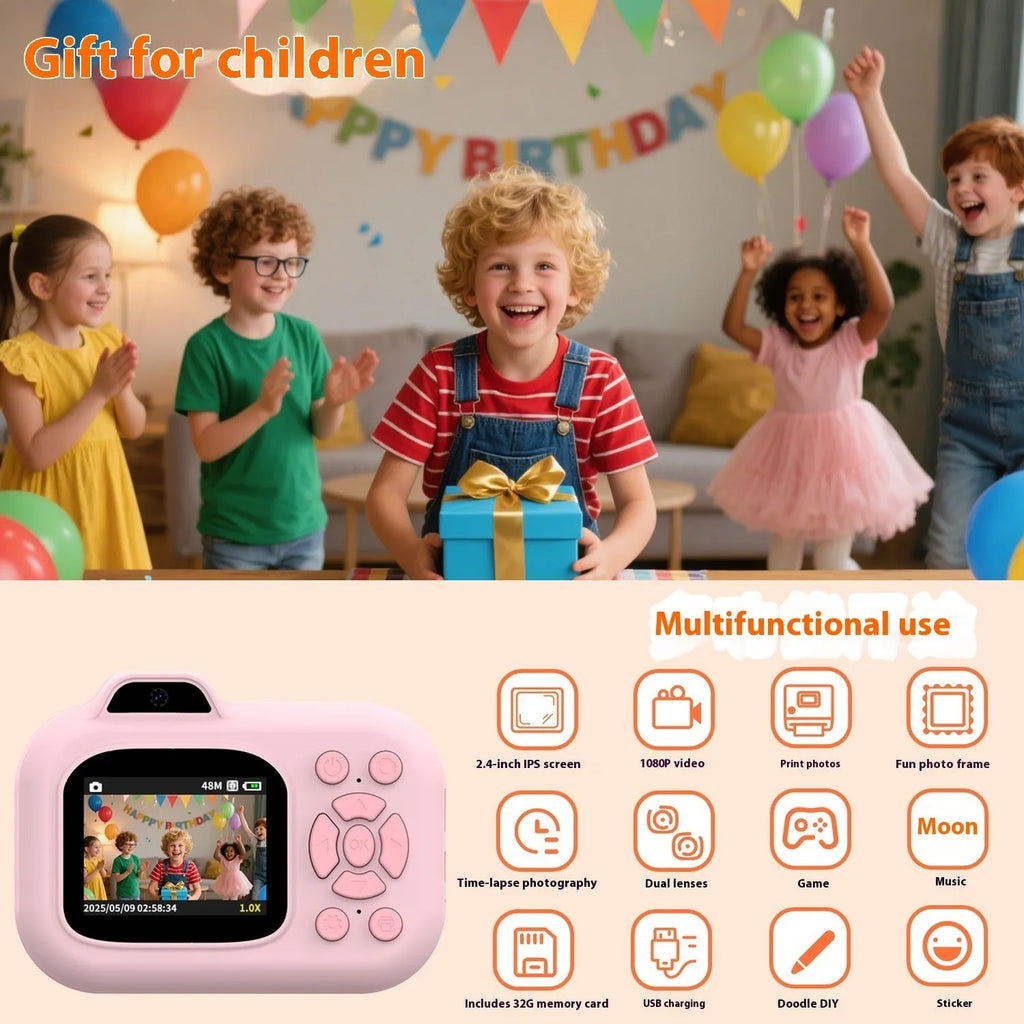 Children's plastic camera toy in pink, blue or purple colours with video recording and game functions