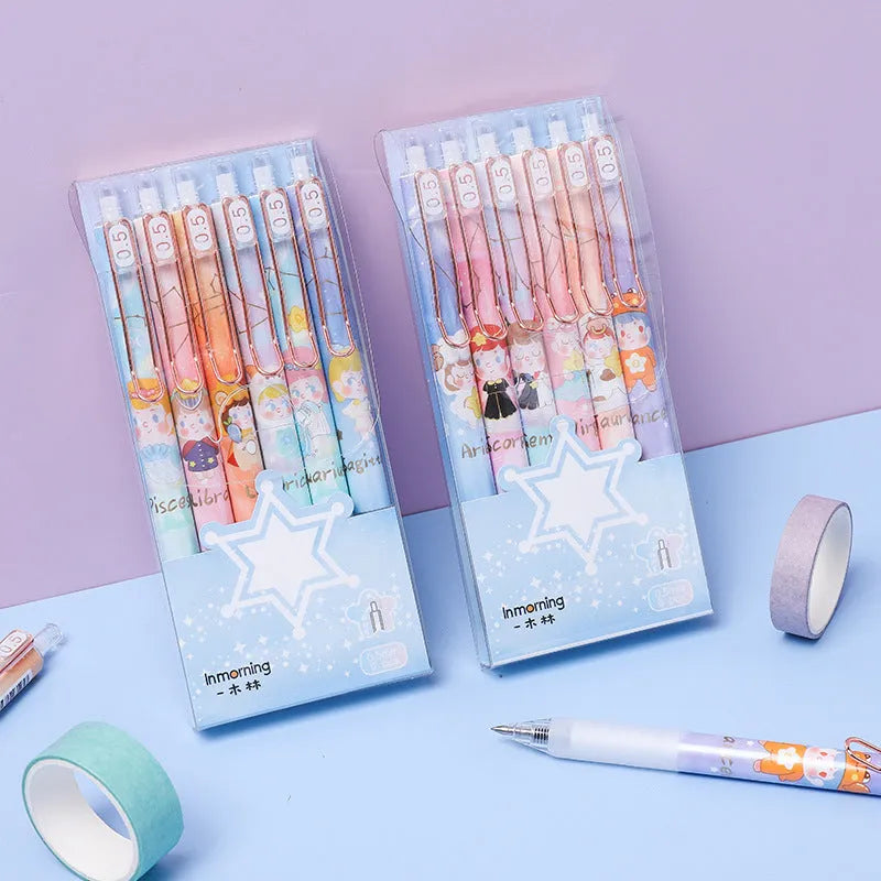 Six Lisa's Secret Constellation press gel pens with zodiac cartoon designs and 0.5mm tips