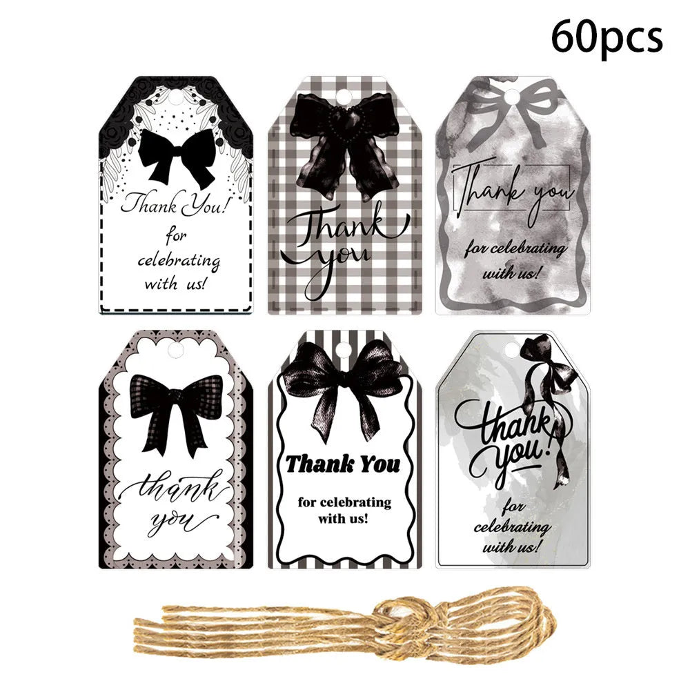 Birthday party gift label tags set with bowknot designs and hemp rope ties