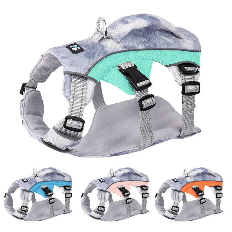 Light blue reflective dog cooling chest strap shown on a dog, with adjustable straps and size label.