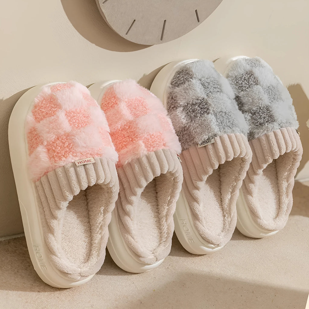Women's plaid pattern plush slippers with coral velvet upper and PVC anti-slip sole