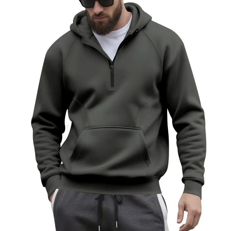 Men's loose fleece hooded zip sweatshirt with raglan sleeves in dark blue, black, army green, or iron grey, sizes S-XXXL