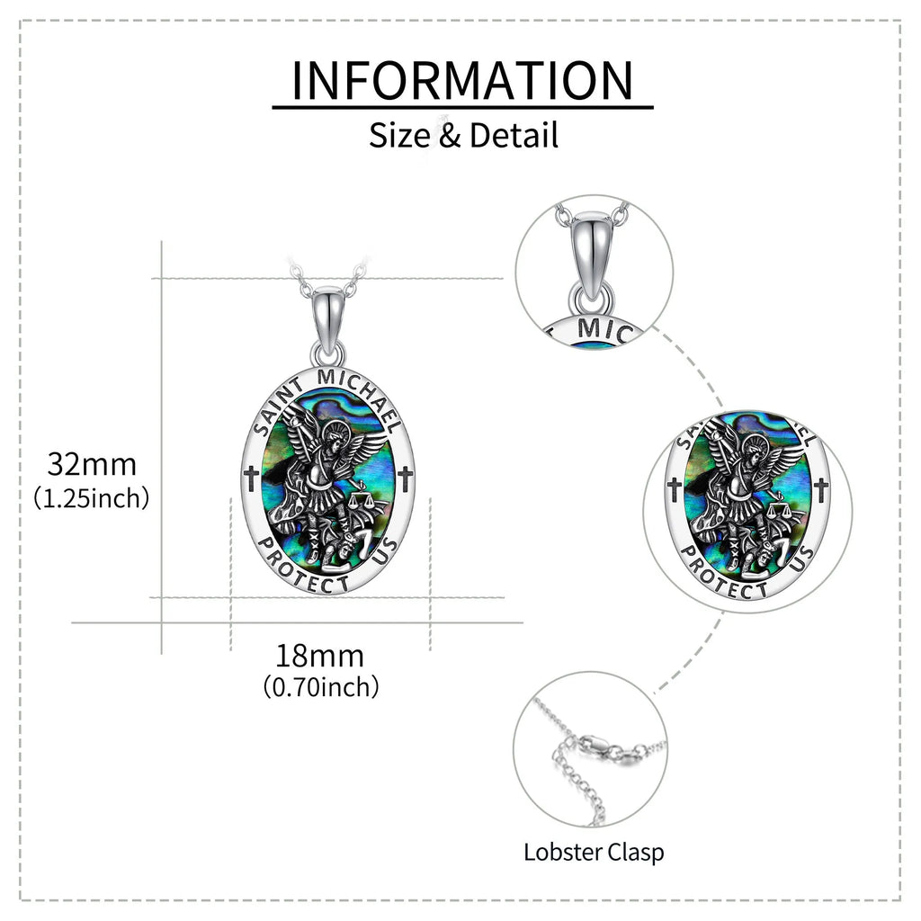 Sterling silver Saint Michael coin medal pendant with abalone stone on chain – 18x32mm