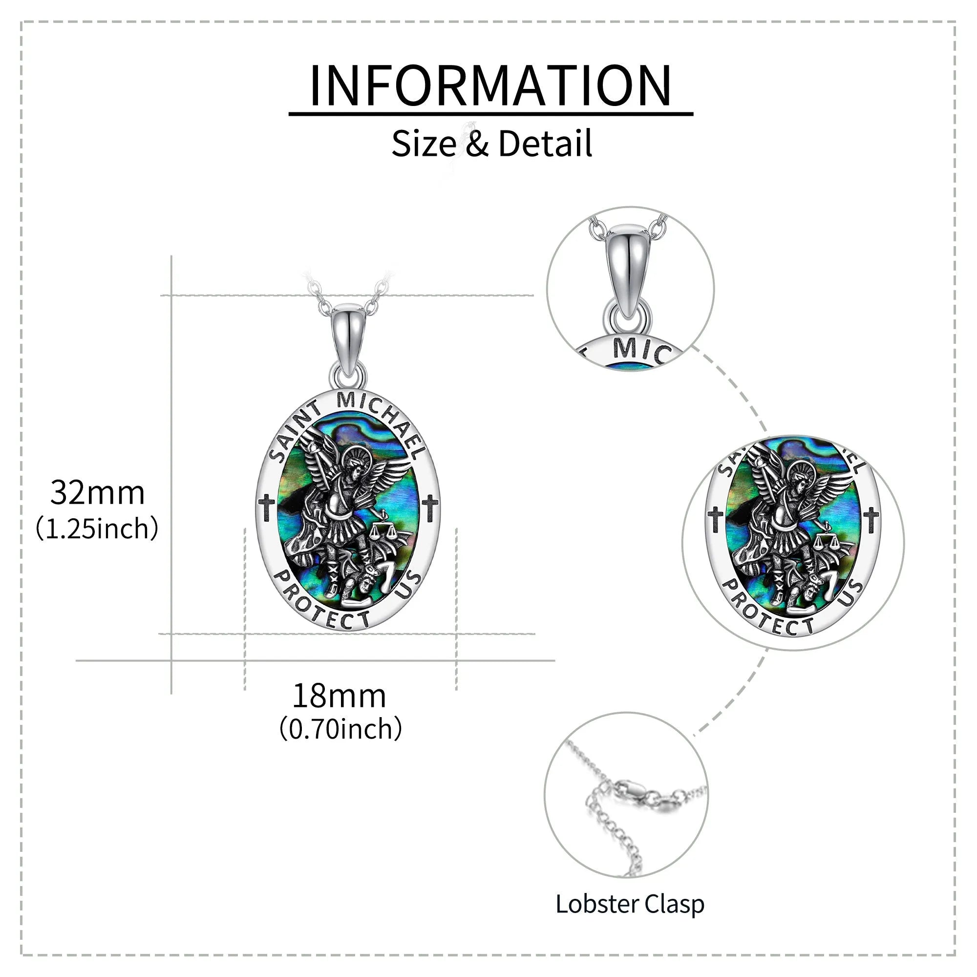 Sterling silver Saint Michael coin medal pendant with abalone stone on chain – 18x32mm