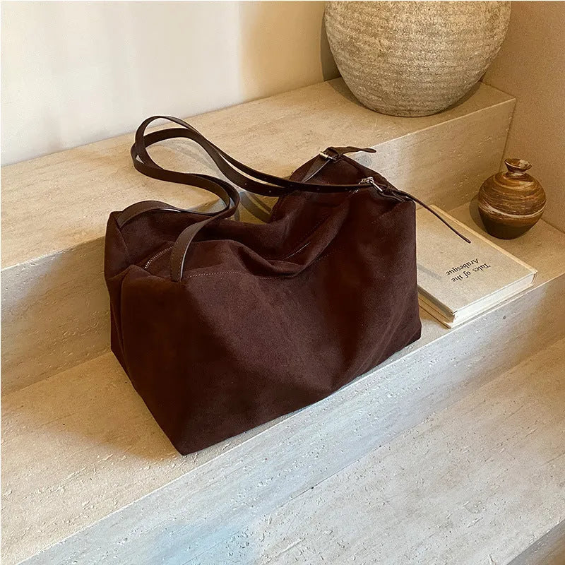Women's large capacity suede pillow shoulder bag in PU leather, black colour, with outer slit pocket