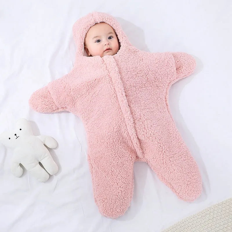 Lamb velvet baby sleeping bag with hood and zip in pink, grey, blue, or khaki colours