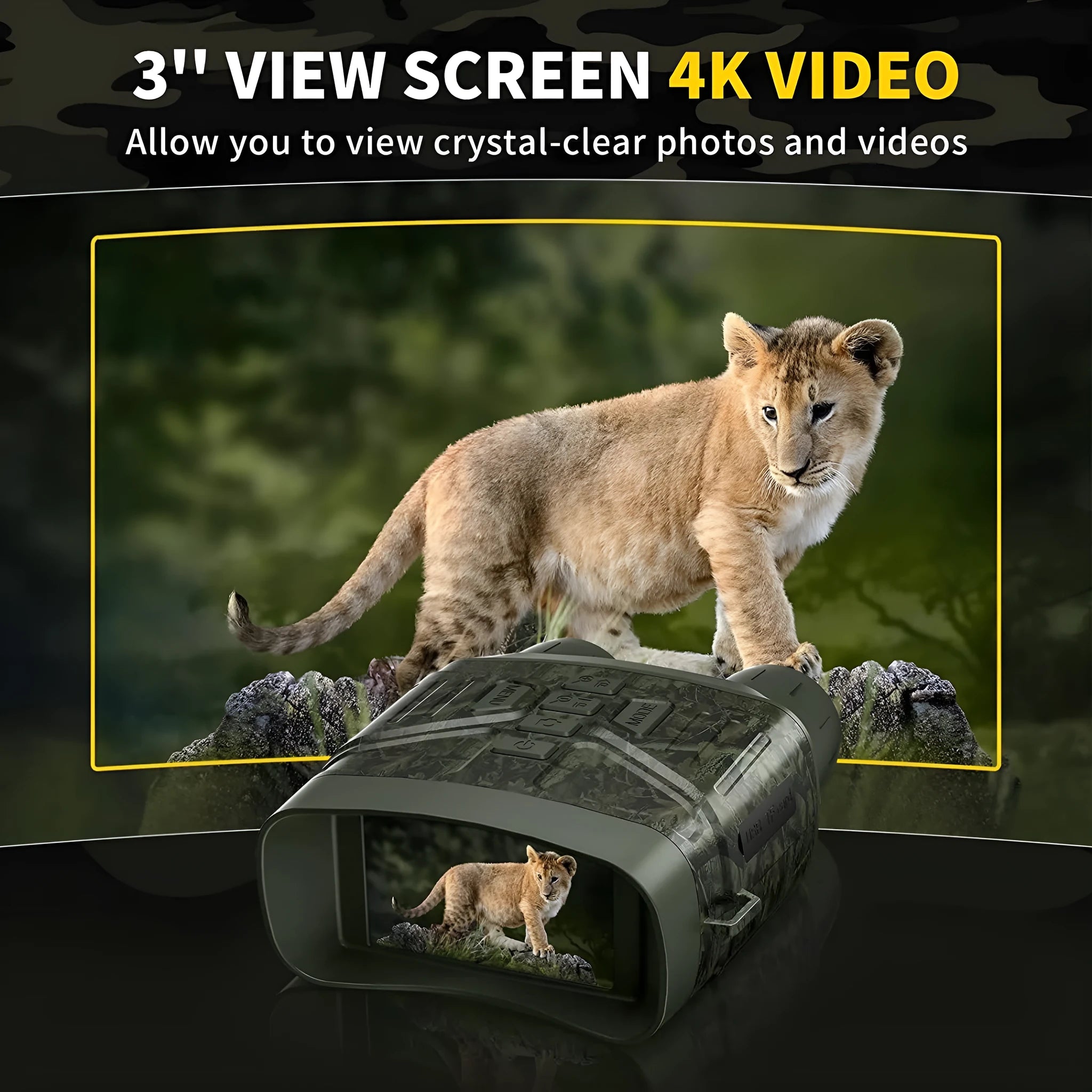 Ultra Clear 4K 36MP night vision monocular in black or camouflage colour with 3-inch screen.