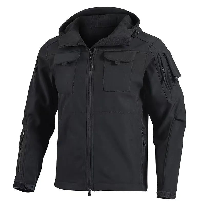 Fleece-lined soft shell jacket for adults, windproof and waterproof, hooded, in black grey or green